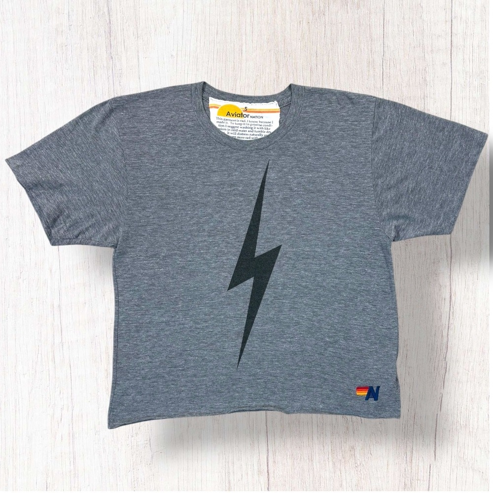 Aviator Nation Lightning Bolt T-Shirt Womens Small Grey Graphic Tee Raw Hem